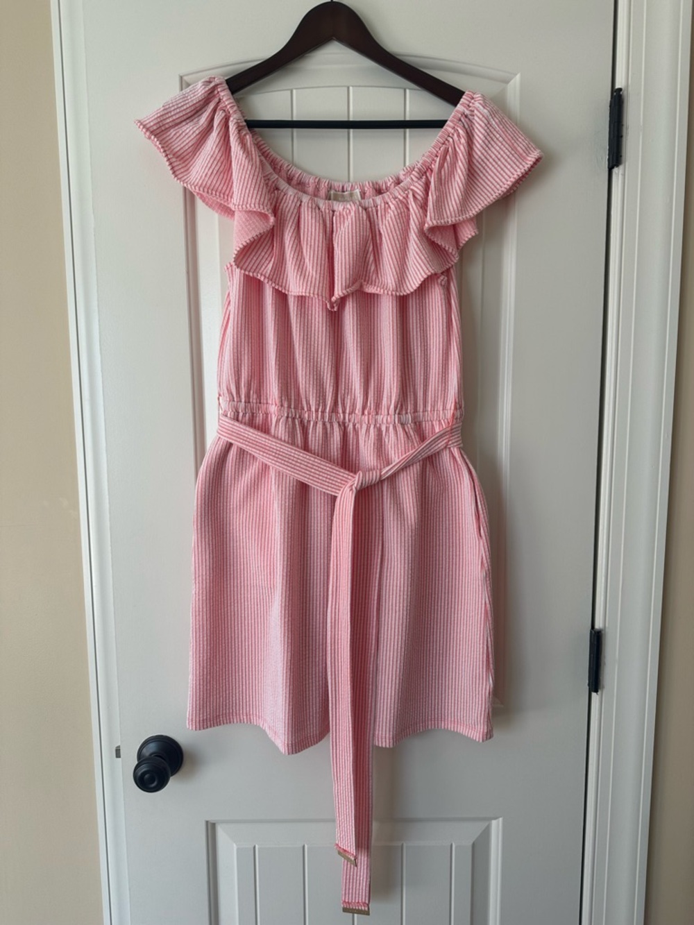 Michael Kors Pink Ribbed Off-Shoulder Dress, Size M